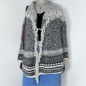 J Jill Fringe Western Boho Cardigan Sweater Wool Blend Fall Oversized Large